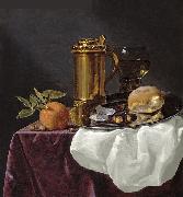 Tankard with Oysters, Bread and an Orange resting on a Draped Ledge